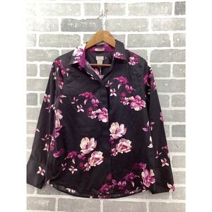 Chicos No Iron Floral Button Down Shirt Black Pink Purple Cotton Blouse Size 0